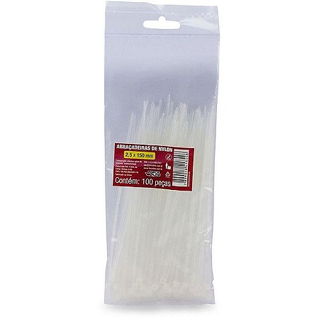 Abraçadeira Nylon Branca 2,5x150mm Pacote Com 100