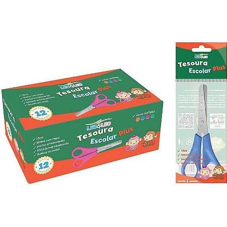 Tesoura Escolar 13cm Com Cabo Colorido E Ponta Arredondada - Caixa Com 12 Unidades