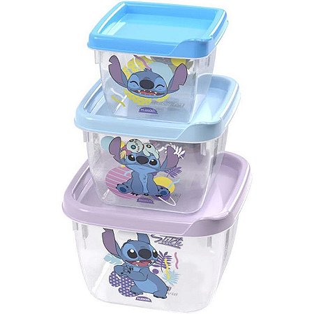Conjunto De Potes Plásticos Stitch Com 3 Potes Quadrados Conect
