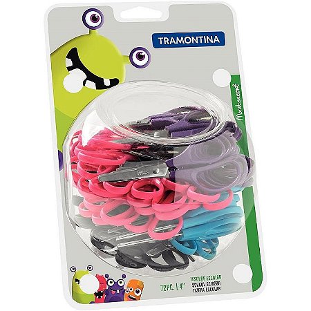 Tesoura Escolar Supercort Monster Tramontina 10cm Color - Display Com 72 Unidades