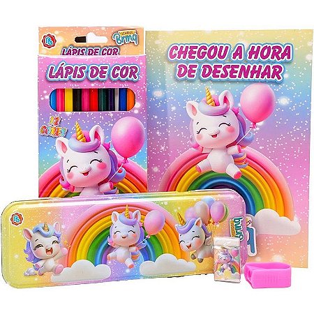 Kit Escolar Doces/unicórnio Para Colorir Com Estojo Metálico