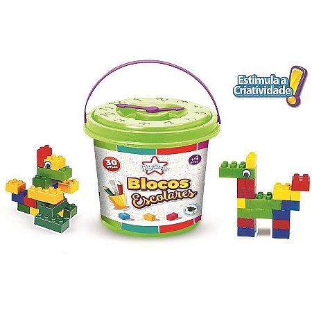 Brinquedo Para Montar Balde Blocos Escolares 30 Peças