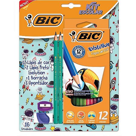 Kit Escolar Básico Bic - Lápis De Cor + Lápis Preto + Borracha + Apontador - Blister Com 16 Unidades