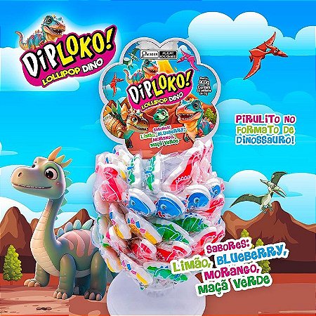 Doce Dip Loko Lollipop Dino Display Com 60 Unidades