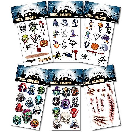 Tatuagens Temporárias Halloween Com 12 Unidades – Pacote Com 12 Cartelas