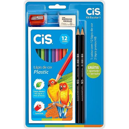 Kit Escolar Cis Com 5 Peças – Lápis De Cor, Lápis Preto, Apontador E Borracha