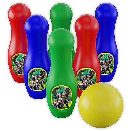 Boliche Dinossauros Com 6 Pinos + Bola Colorido Em Plástico Durável