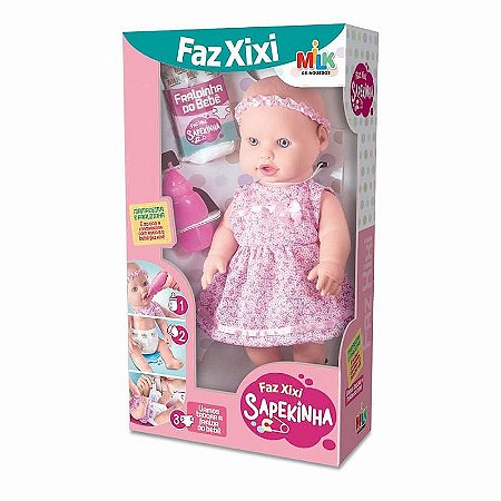 Boneca Com Mecanismo Sapekinha Faz Xixi 34cm Com Mamadeira E Fralda