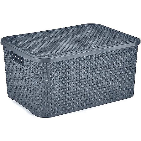 Caixa Plástica Multiuso Rattan Com Tampa Chumbo Grande 16 Litros