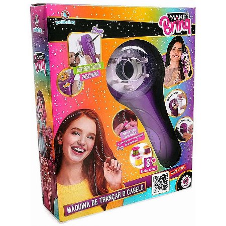 Kit Infantil Make Brinq Trança Cabelo Com Máquina, Fios Coloridos E Elásticos