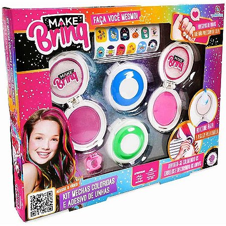 Kit Make Brinq Mechas Coloridas + Adesivos De Unhas