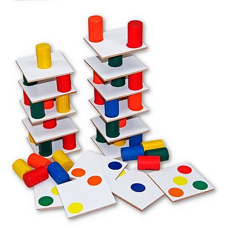 Brinquedo Pedagógico Torre Inteligente De Madeira - 18 Placas E 63 Peças
