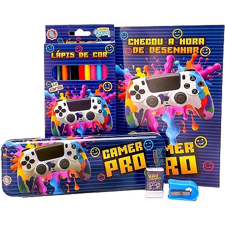 Kit Escolar Dino/gamer Para Colorir Com Estojo Metálico Sortido