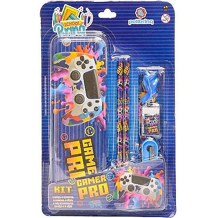 Kit Escolar Dino/gamer Com 6 Peças E Estojo Metálico Sortido