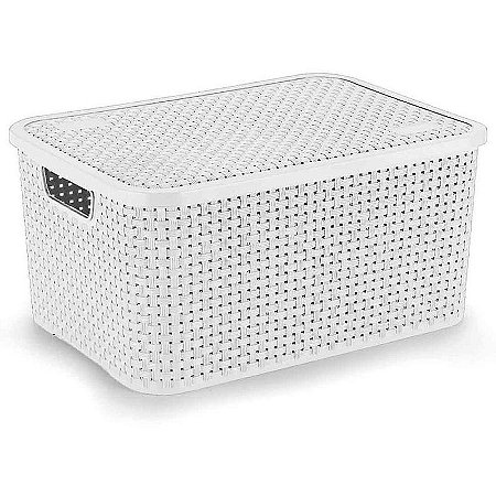 Caixa Plástica Multiuso Rattan Com Tampa Branco G 16l