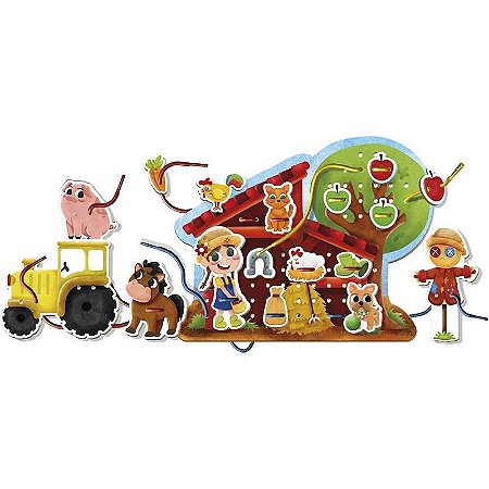 Brinquedo Pedagógico Madeira Alinhavo Fazendinha Feliz 31 Peças