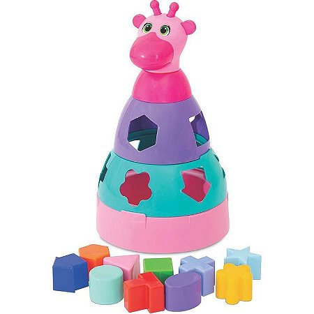 Brinquedo Educativo Girafa Didática Rosa Com Blocos