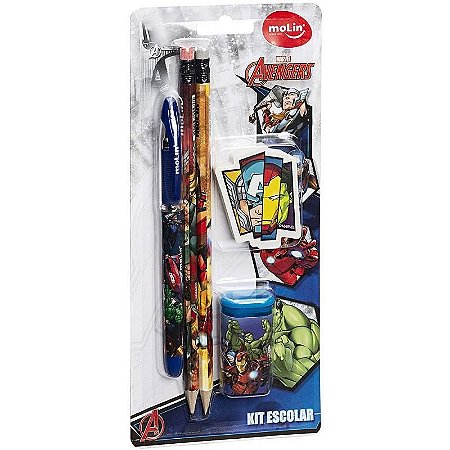 Kit Escolar The Avengers 1 Caneta + 2 Lápis + 1 Borracha + 1 Apontador