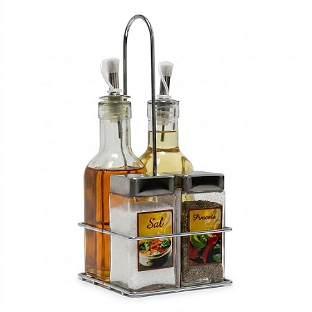 Conjunto Galheteiro 5 Peças Suporte Aço Inox Vidro
