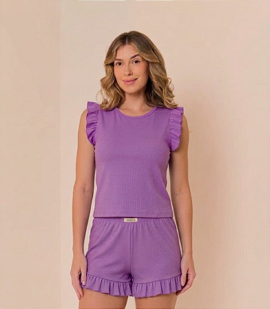 Conjunto Delicata Pijama Feminino com Blusa Regata e Short com Babado