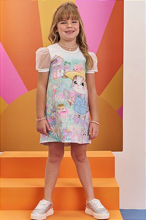 Vestido Manga em Fly Tech Gatinho e Passarinho - Infanti - Ref 74044