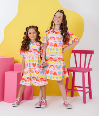 Vestido Infantil Feminino - Estampa Dia Feliz - Rosa Colorido - Vestido Milla