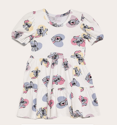 Vestido Infantil Manga Bufante Marias - Stitch Coração- Disney