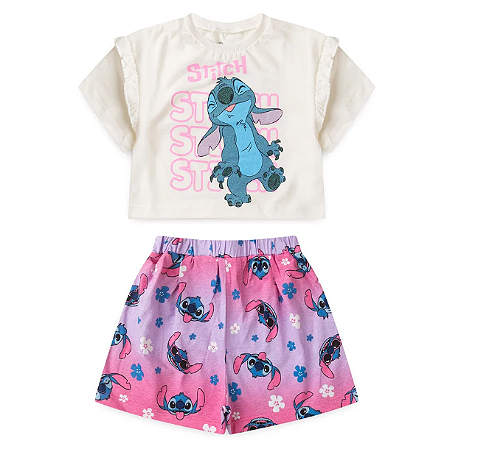 Conjunto Verão Infantil Feminino Cropped  Stitch e Short Estampado Stitch.