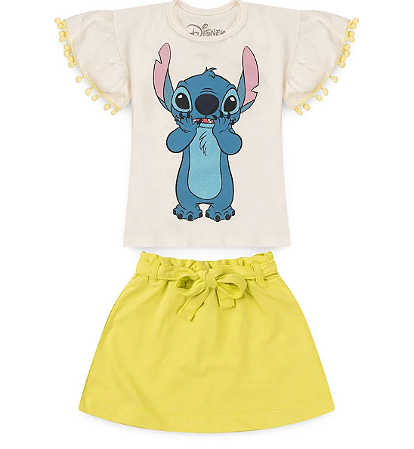 Conjunto Verão Infantil Feminino Blusa Off Stitch e Short Neon - Stitch