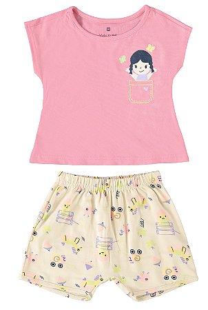 CONJUNTO INFANTIL MENINA SHORTS ESTAMPADO EM ALGODÃO MALWEE KIDS - ROSA REF109273