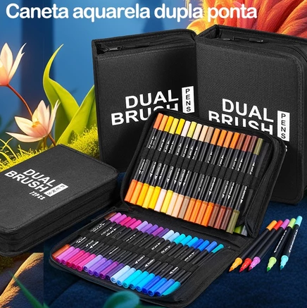 Kit Caneta Estojo Marcador Ponta Dupla - Pasta 60 Cores Color