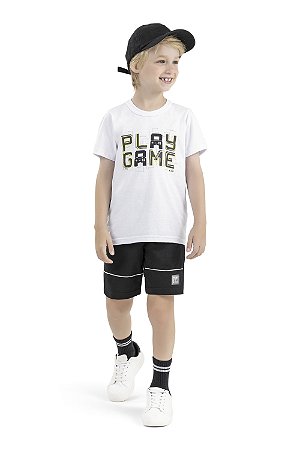 Conjunto Infantil Menino Verão Camiseta Play Gamer Branca e Short Moletinho - Elian - Ref 241312