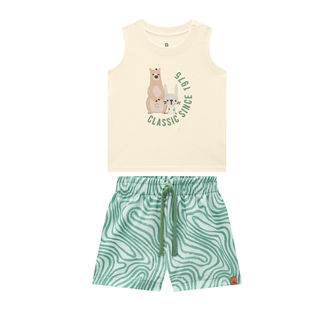 Conjunto Infantil Menino Regata Bege Em Algodão e Bermuda Tactel Verde - Malwee Kids - Ref 125524