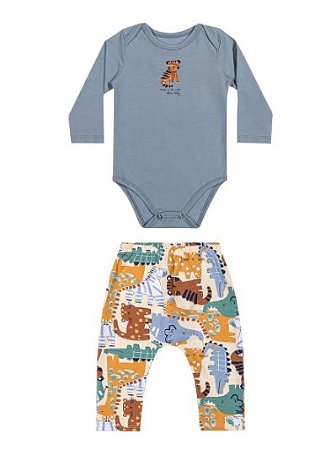 Kit Conjunto Bebê Menino Body Ml e Calça Bichinhos Estampado - Elian - Ref 201385