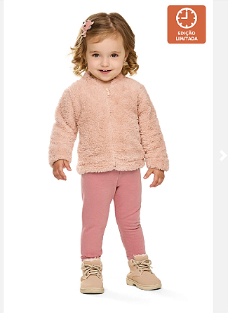 Conjunto Bebê Menina Inverno Jaqueta Em Pelinhos Rosa e Legging Rosa Flanelada - Elian - Ref 211684
