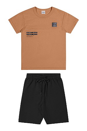 Conjunto Masculino Infantil Camiseta Laranja e Bermuda Preta  -  Elian - Ref 241388