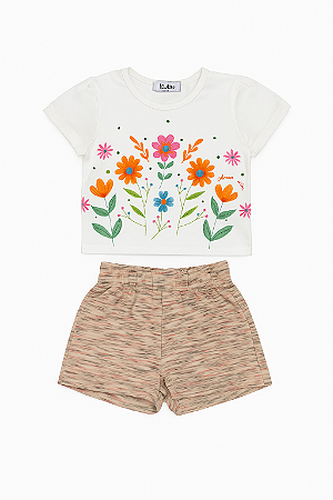Conjunto Feminino Infantil Blusa Off Florida e Short Bege - Kukie - Ref 93045