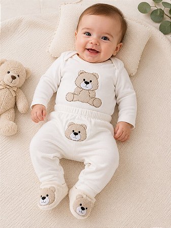 Conjunto Bebê 3 peças - Com Body, Mijão Bordado e Sapatinho - Ursinho Teddy