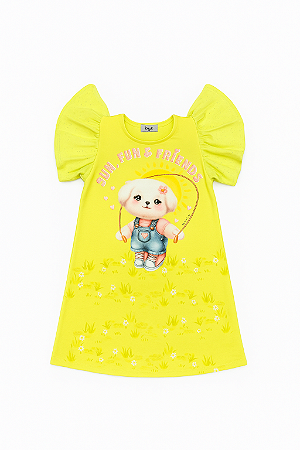 Vestido Feminino Infantil Verde Neon Cachorro - Kukie - Ref 93840
