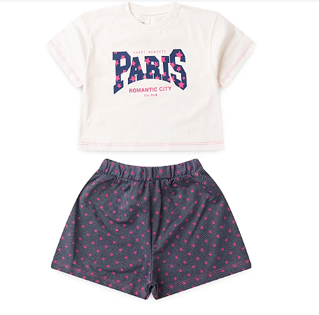 Conjunto Feminino Blusa Croped Off e Short Estampado EStrela