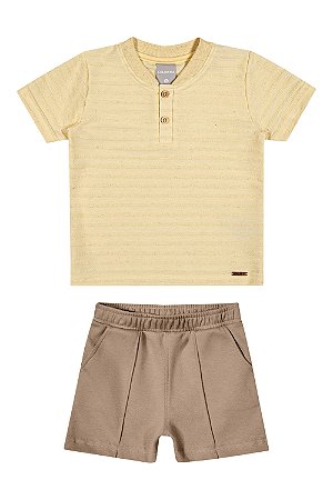 Conjunto Masculino Infantil Camiseta Amarela e Bermuda Moletinho Bege - Ref 72219 - Coloritta