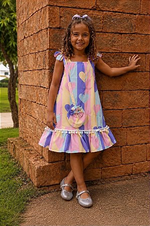 Vestido Infantil Alça - Corações com Bolsinha
