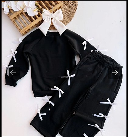 Conjunto feminino  Casual de 2 Peças, Blusão e Calça de Moletom Flanelado Preto Com Decoração de Laço Branco