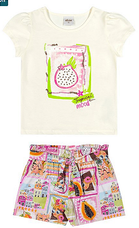 Conjunto Feminino Infantil Blusa e Shorts Saia Malha Off  - Ref 232122 - ELian