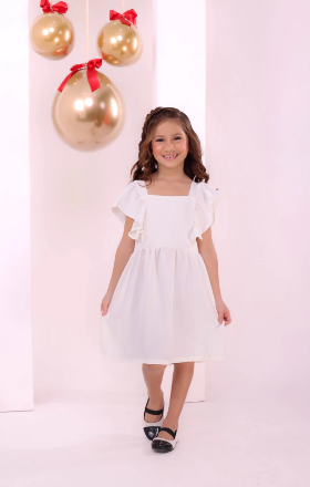 Vestido Infantil Feminino Festa - Cor Off - Detalhe na Manga - Vestido Sofia - Crepe