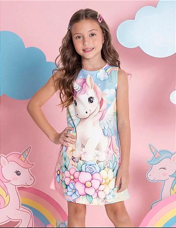 Vestido Infantil Menina Evase Neoprene - Unicornio - Regata - Ref 0401