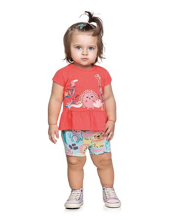 Conjunto Feminino Infantil Manga Curta Elian -Rosa/Verde Agua REF211320
