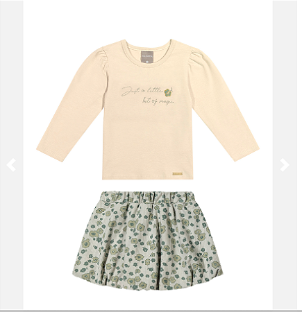 Conjunto Feminino Infantil Blusa Off Manga Longa Bordada e Saia com Short Verde - Colorittá - REf 73361
