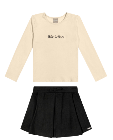 Conjunto Feminino Infantil Blusa Malha Nude Manga Longa e Saia Preta com Short Embaixo - Colorittá - Ref 75394