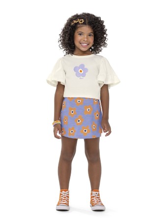 Conjunto Menina Infantil - Blusa Meia Malha e Short Saia Malha Texturizada Estampada - Elian - Ref 252086